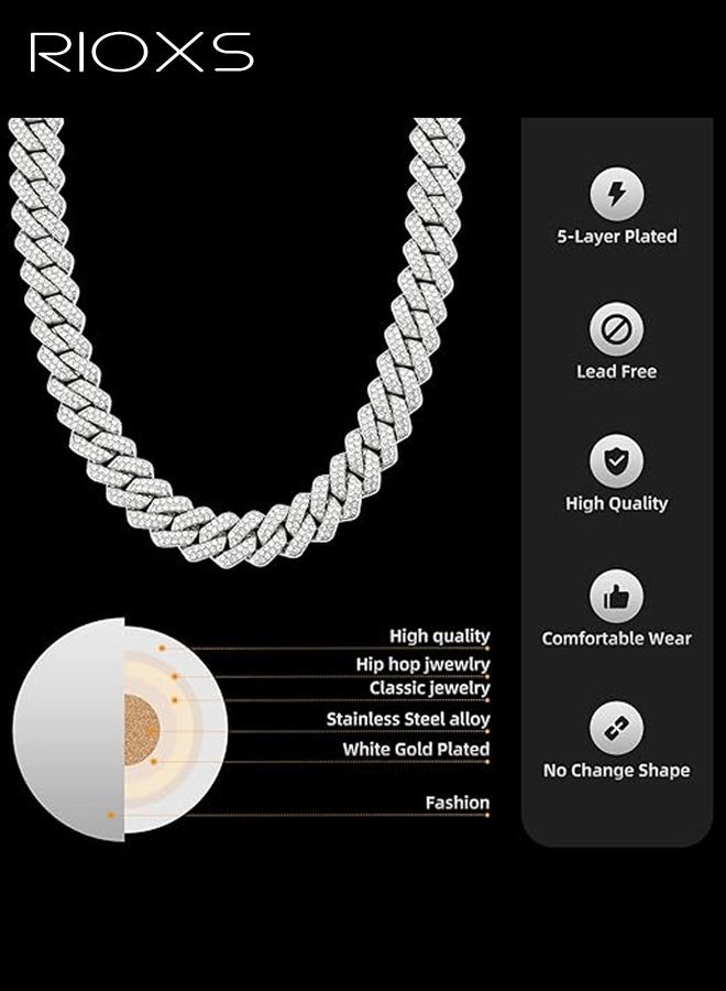RIOXS Unisex Hip-Hop Cuban Chain Necklace, 14mm-wide Diamond-Cut Geometric Rhinestone Design, Alloy Material with Diamond-Studded Pendant, Streetwear Fashion Piece, Sliver - Image 5